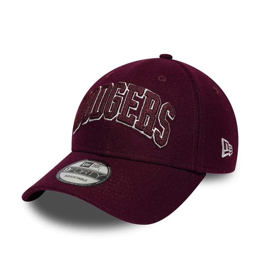 LA Dodgers MLB Script Dark Purple New Era 9FORTY Adjustable Cap, three-quarter view showing the raised dark purple Dodgers lettering embroidered on the front panel, a curved visor with a 9FORTY size sticker.