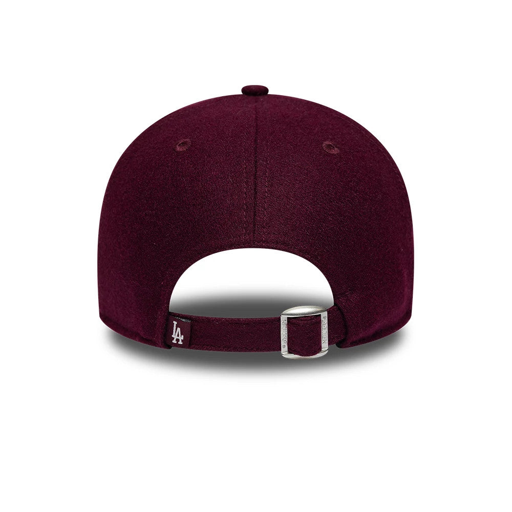 LA Dodgers MLB Script Dark Purple New Era 9FORTY Adjustable Cap, rear view showing the white embroidered LA logo on the dark purple adjustable strap, the curved arch opening at the back, and the matching top button on the soft crown.
