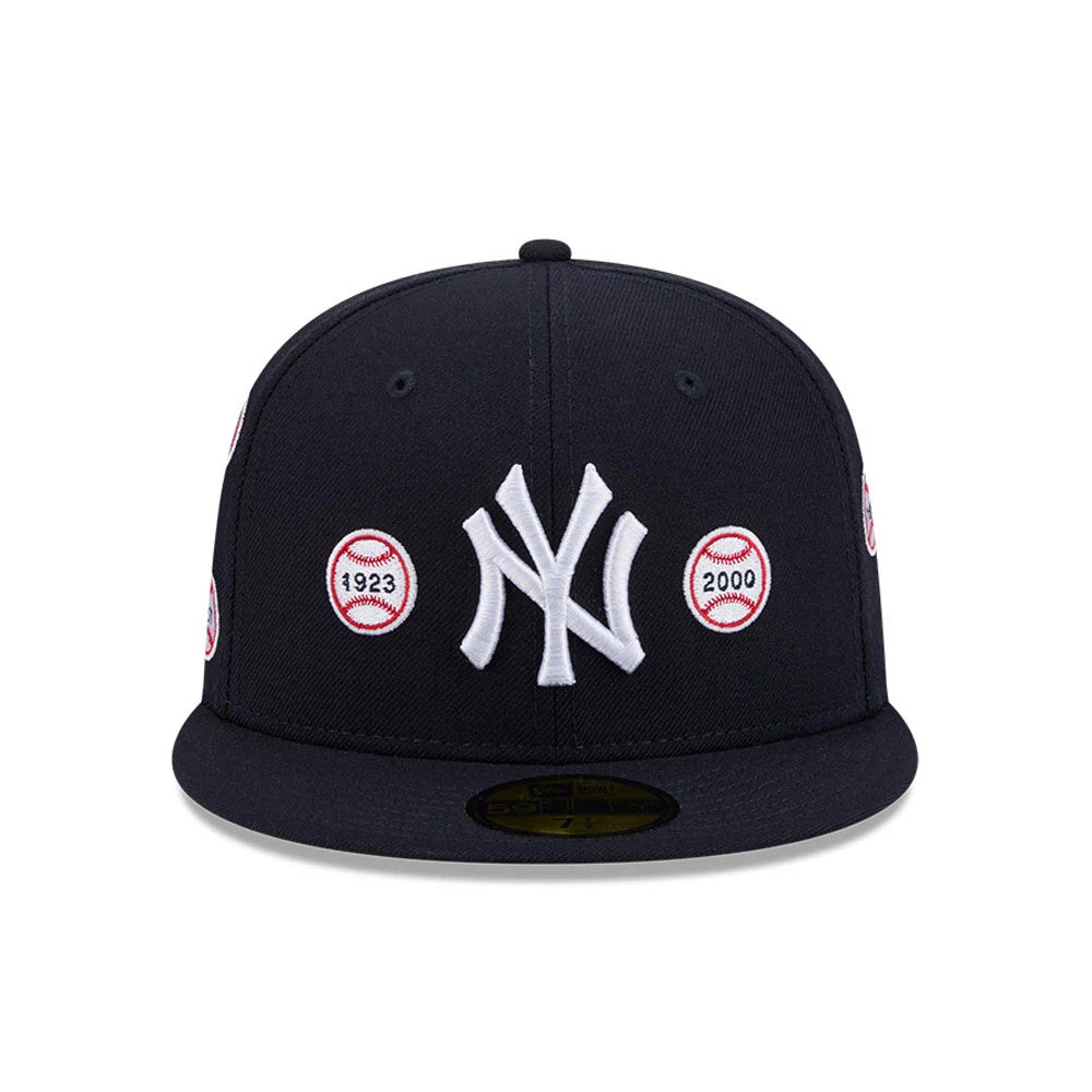 New York Yankees MLB X Spike Lee Patches Navy New Era 59FIFTY Fitted Cap, front view showing the raised white NY logo on the front panel, embroidered baseball patches with 1923 and 2000 on either side.