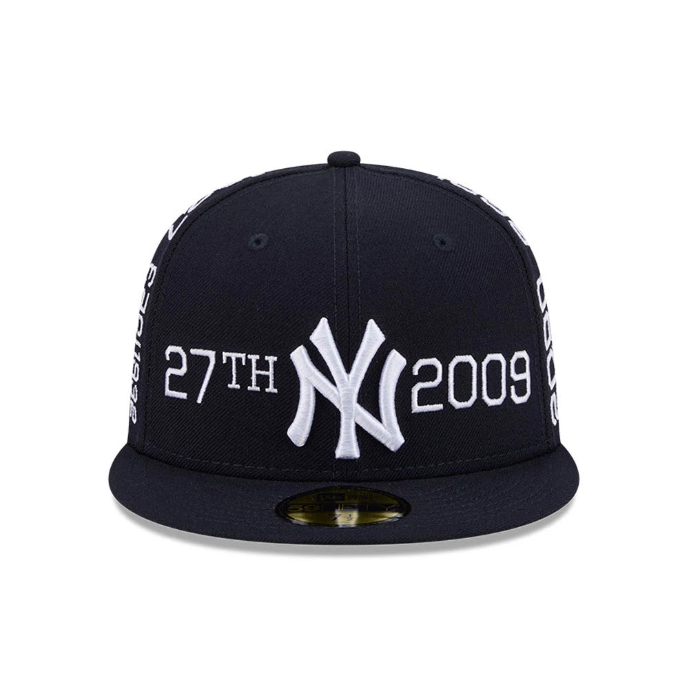 New York Yankees MLB X Spike Lee Script Navy New Era 59FIFTY Fitted Cap, front view showing the large white embroidered NY logo with '27th' on the left and '2009' on the right, on a structured navy crown with black flat visor.