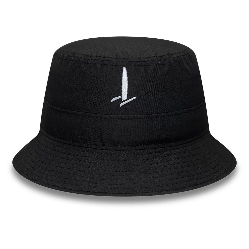New Era Sail GP Catamaran Black Adventure Bucket Cap, front view showing the white embroidered sail logo on the naturally curved black crown, along with a downward sloping visor and stitched seams providing a classic and clean design.