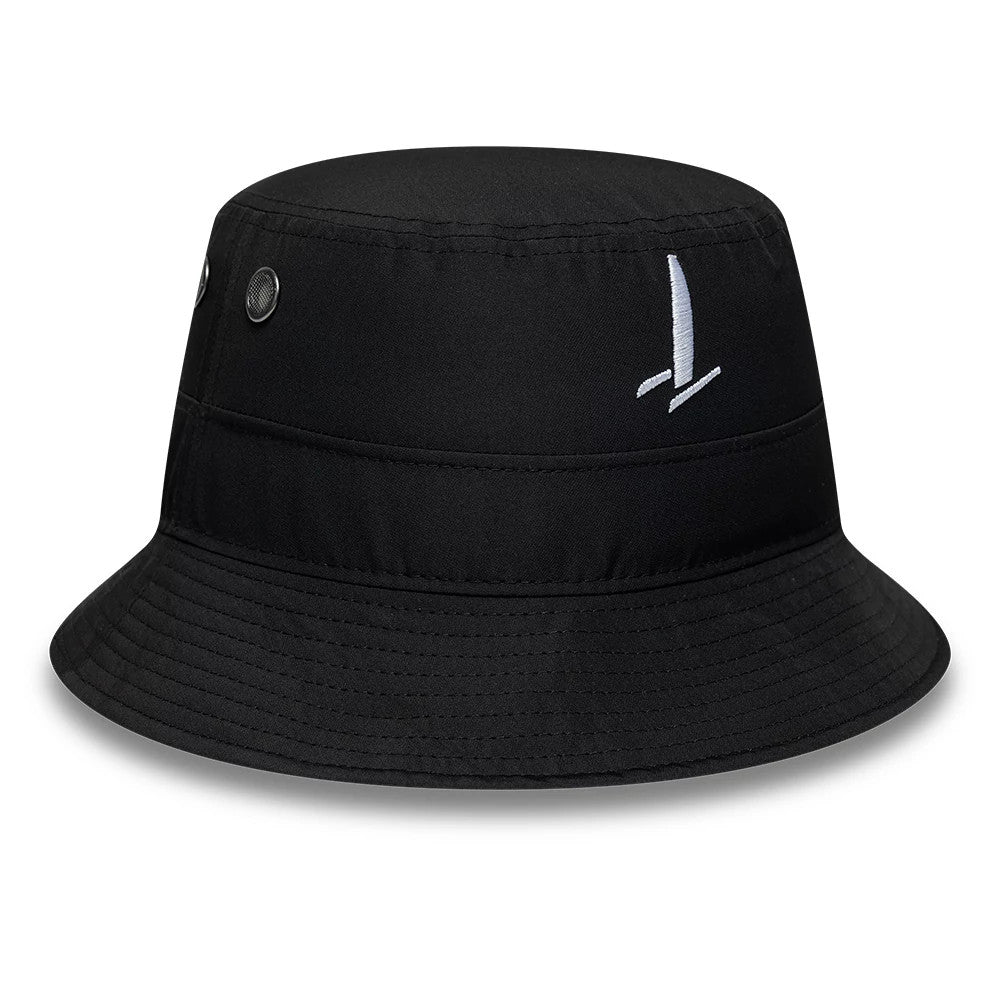 New Era Sail GP Catamaran Black Adventure Bucket Cap, front view showing the white embroidered catamaran logo on the black crown, with side eyelets and a downward-sloping visor featuring reinforced stitching around the edge for durability.