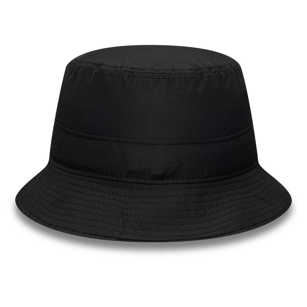 New Era Sail GP Catamaran Black Adventure Bucket Cap, front view showing the black fabric, downward sloping visor with detailed stitching lines, and a single seam encircling the crown for a minimalist and design.