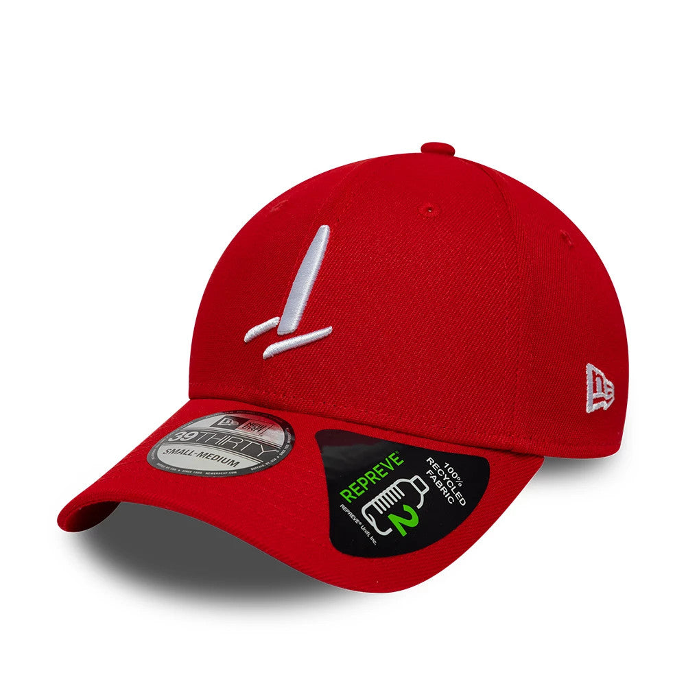 Sail GP Repreve® Catamaran Red New Era 39THIRTY Stretch Fit Cap, three-quarter view showing the white embroidered sailboat graphic on the front panel, curved red visor with a 39THIRTY size sticker, and New Era flag logo on the left side.