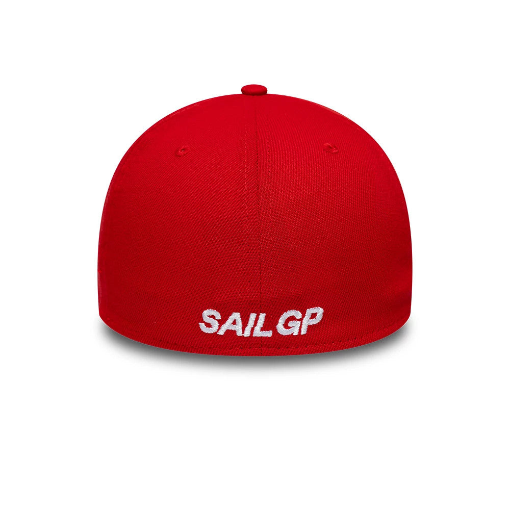 Sail GP Repreve® Catamaran Red New Era 39THIRTY Stretch Fit Cap, rear view showing the white embroidered SAIL GP lettering at the bottom centre of the structured red crown, with matching red eyelets and top button.