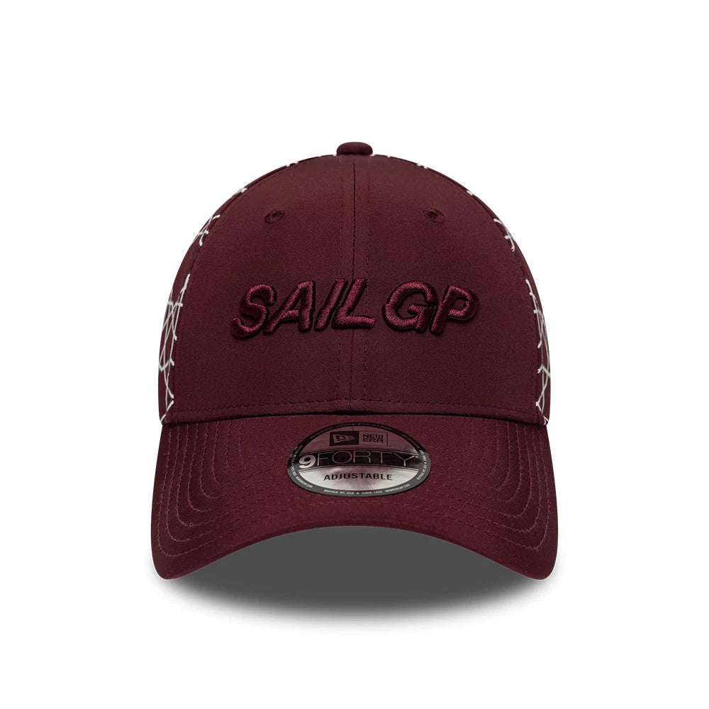 Sail GP Dubai Abu Dhabi Air Event Dark Red New Era 9FORTY Adjustable Cap, front view showing the dark red embroidered Sail GP logo on the structured crown, with a curved visor and a 9FORTY size sticker on the visor.