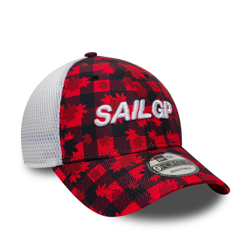 Sail GP Canada Air Event Red New Era 9FORTY Adjustable Cap, three-quarter view showing the raised white Sail GP logo embroidered on the red and black plaid front panels, with a black top button and a 9FORTY size sticker on the curved visor.