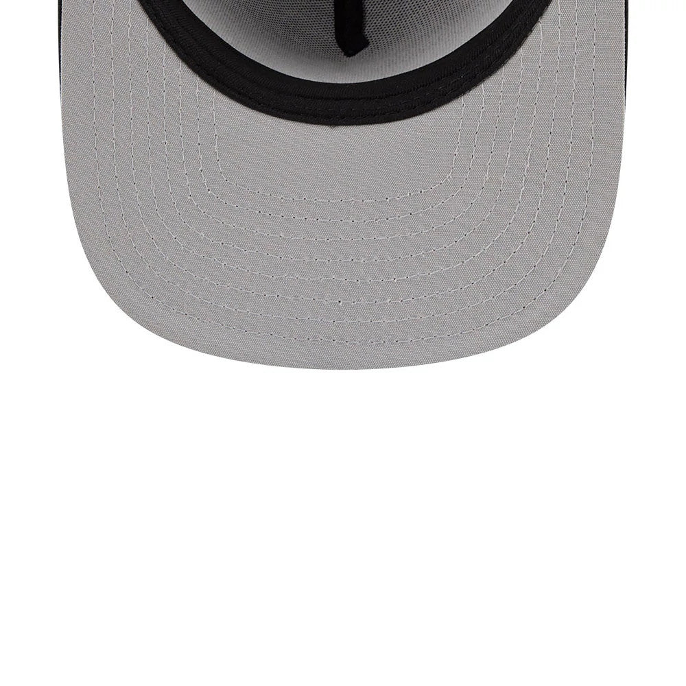 New York Knicks NBA Tip Off 2026 Dark Blue New Era 9FIFTY A-Frame Snapback Adjustable Cap, inside view showing the light grey undervisor with black stitching, black internal taping crossing over the crown, and black sweatband lining.