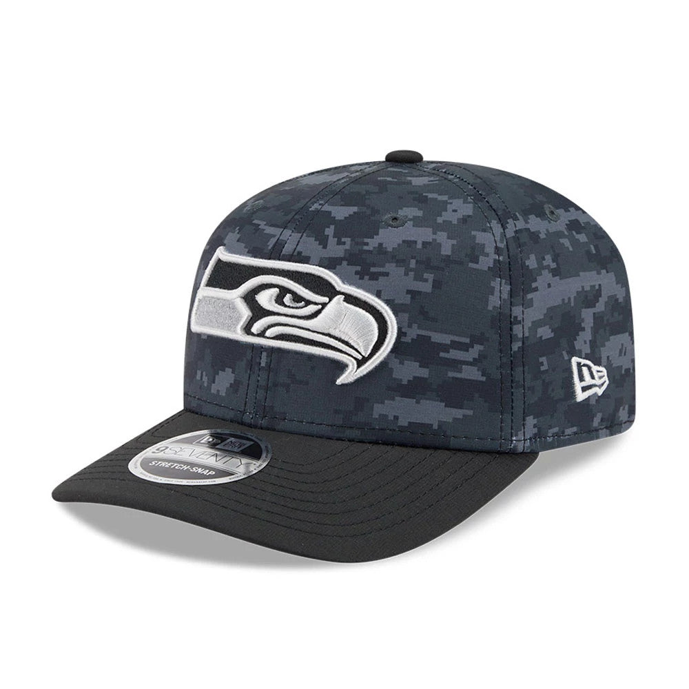 Seahawks NFL Digi Camo & Black New Era 9SEVENTY Stretch Snap Adjustable Cap, three-quarter view showing a raised embroidered white Seahawks logo on the front panel, a black curved visor with a 9SEVENTY size sticker.