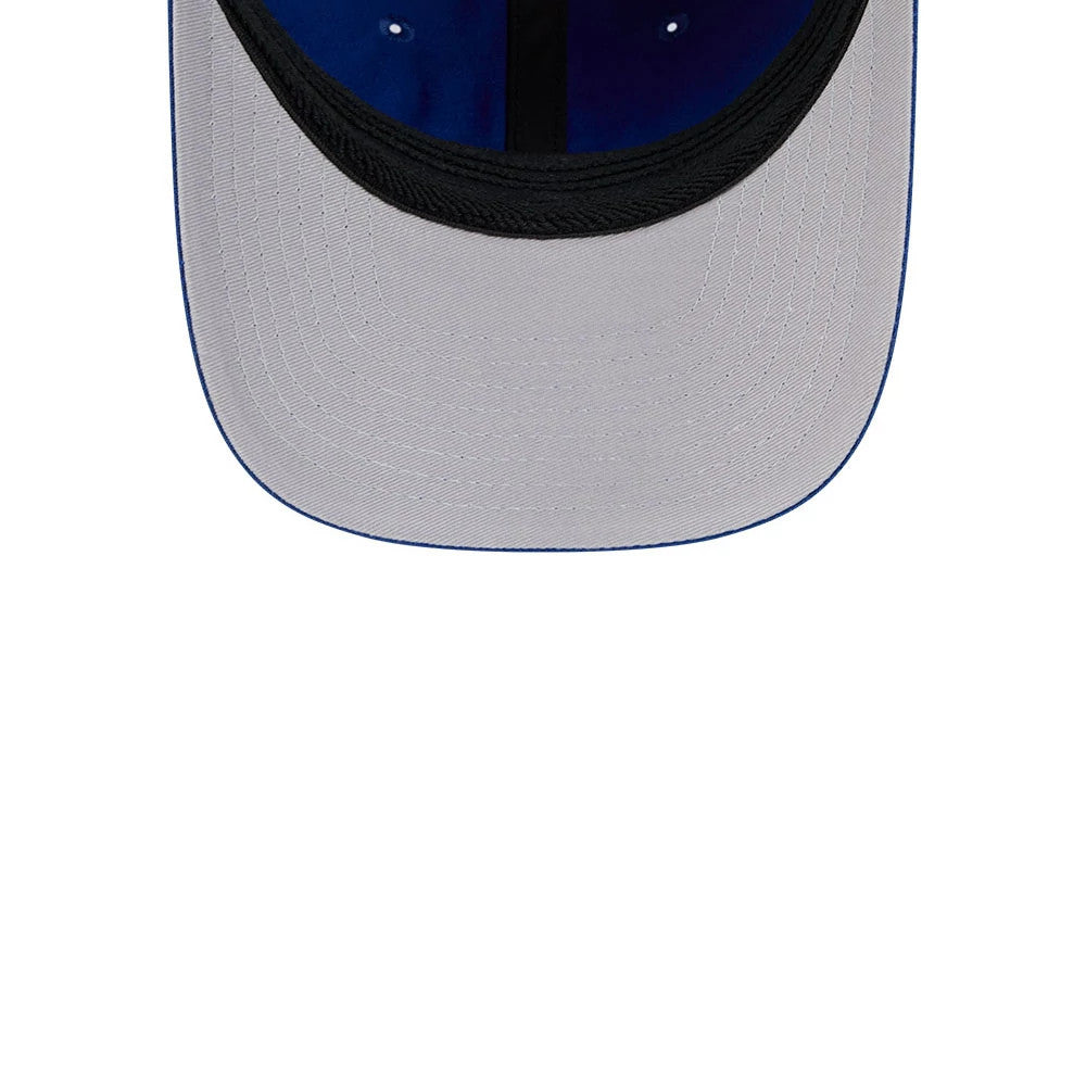 New York Rangers NHL Team Blue New Era 39THIRTY M-Crown Stretch Fit Cap, inside view revealing a grey undervisor, black sweatband, and contrasting dark blue taping, with two eyelets nearing the edge of the structured crown.
