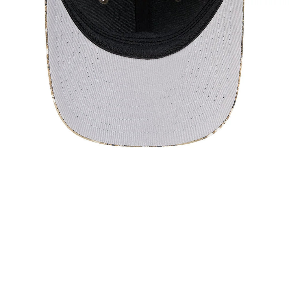 Anaheim Ducks NHL Realtree Camo New Era 39THIRTY M-Crown Stretch Fit Cap, inside view showing a light grey undervisor with detailed stitch lines, a black sweatband on the structured camo crown, and black taping along the interior seams.
