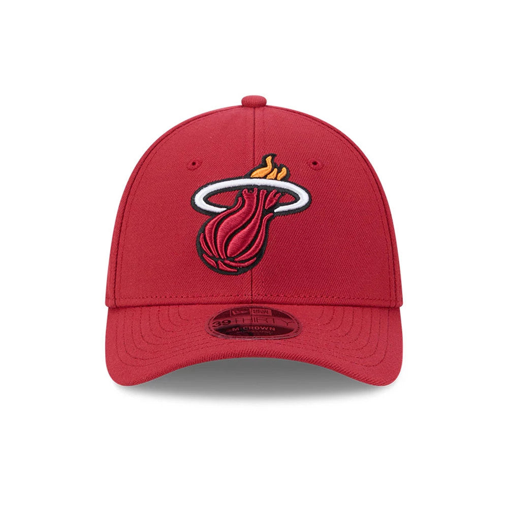 Miami Heat NBA Team Red New Era 39THIRTY M-Crown Stretch Fit Cap, front view showing a large embroidered Miami Heat logo in black, white, and orange on the red front panel, with a 39THIRTY size sticker on the curved red visor.