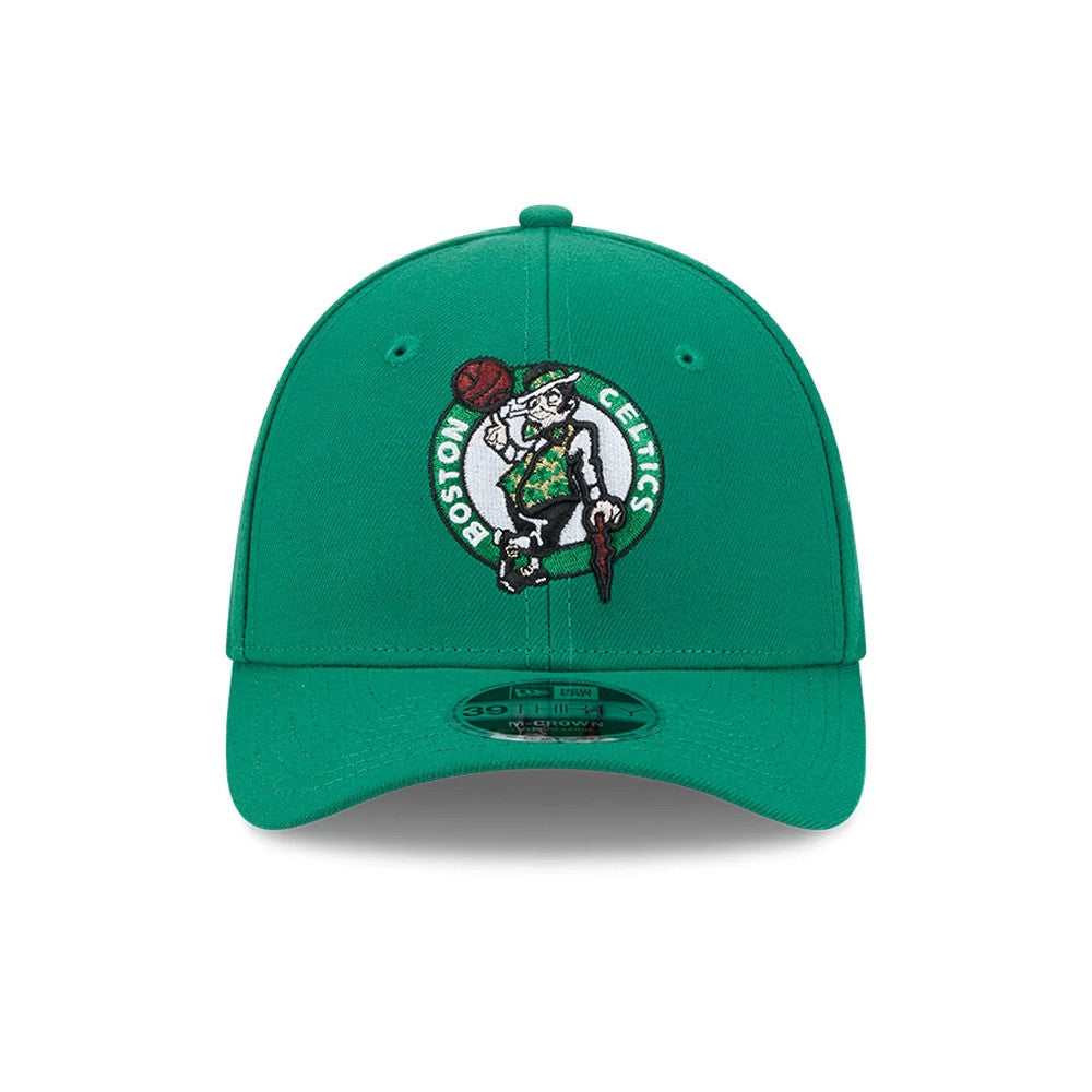 Boston Celtics NBA Team Green New Era 39THIRTY M-Crown Stretch Fit Cap, front view showing the embroidered Celtics mascot logo on the structured green crown, with a matching curved visor and 39THIRTY size sticker on the visor.