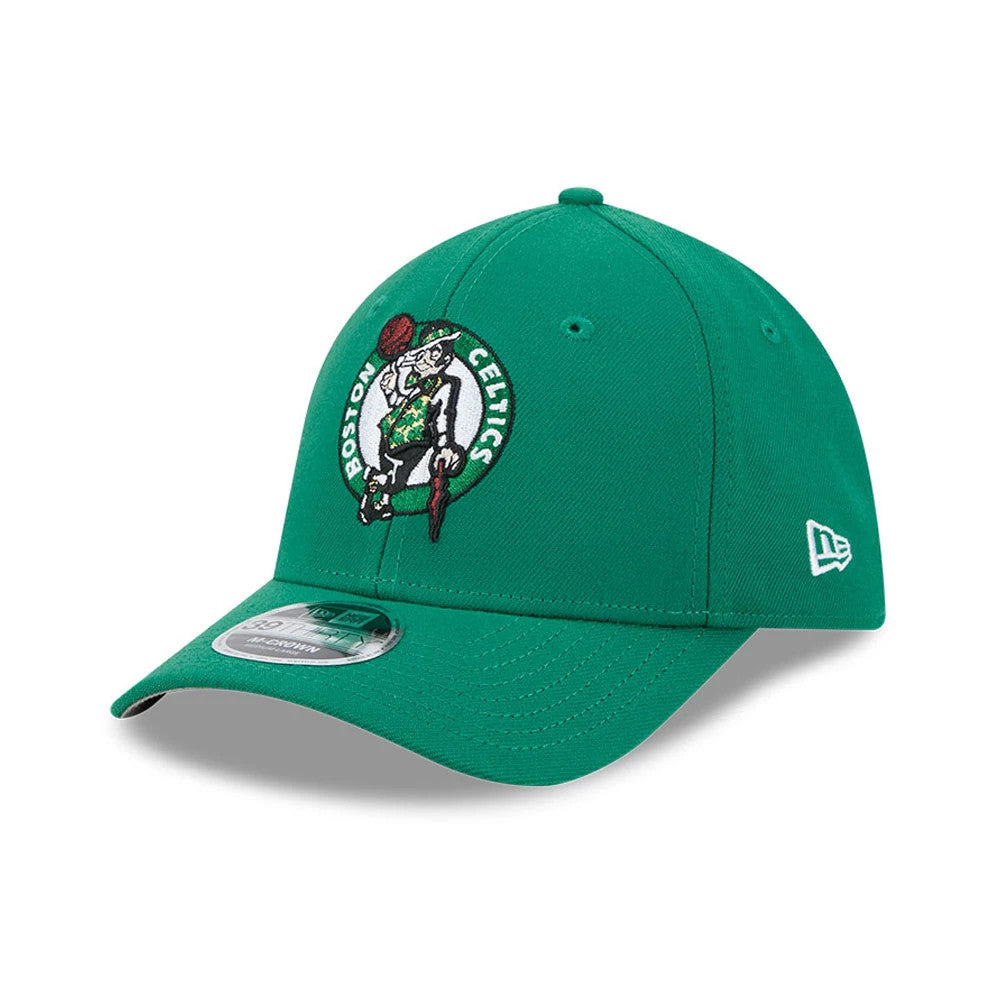 Boston Celtics NBA Team Green New Era 39THIRTY M-Crown Stretch Fit Cap, three-quarter view showing a raised embroidered Celtics logo on the front panel, a green curved visor with a 39THIRTY size sticker, and the New Era flag logo on the left side.
