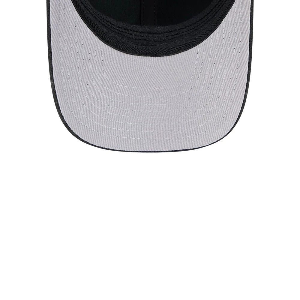 San Antonio Spurs NBA Team Black New Era 39THIRTY M-Crown Stretch Fit Cap, inside view showing a grey undervisor with neat black stitching, a black sweatband lining the interior edge, and the stitching lines over the visor.