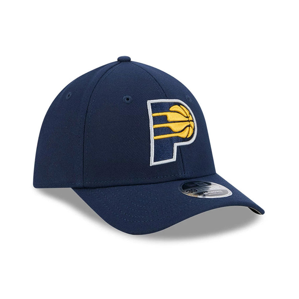 Indiana Pacers NBA Team Dark Blue New Era 39THIRTY M-Crown Stretch Fit Cap, front view showing the large raised embroidered Pacers logo in yellow and white on the front panel, dark blue curved visor, and 39THIRTY size sticker on the visor.