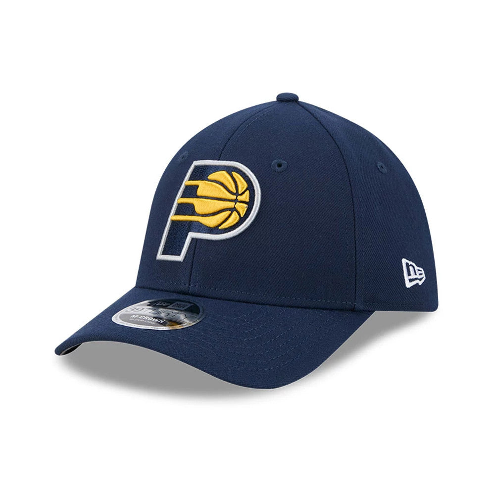 Indiana Pacers NBA Team Dark Blue New Era 39THIRTY M-Crown Stretch Fit Cap, three-quarter view showing the raised embroidered Pacers logo in blue and yellow on the front panel, curved dark blue visor with 39THIRTY size sticker.