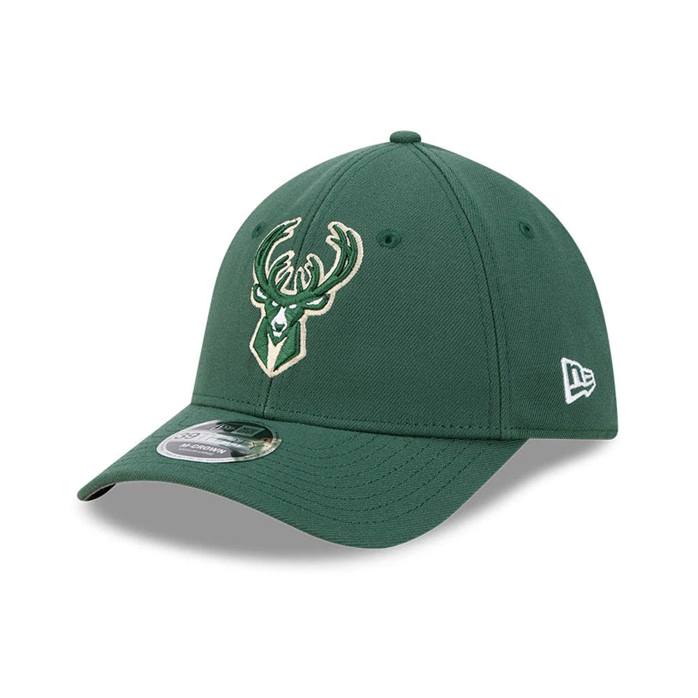 Milwaukee Bucks NBA Team Dark Green New Era 39THIRTY M-Crown Stretch Fit Cap, three-quarter view showing the raised embroidered Bucks logo on the front panel, dark green curved visor with a 39THIRTY size sticker.