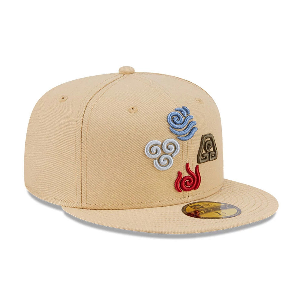 Avatar Elements Light Beige New Era 59FIFTY Fitted Cap, three-quarter view showing raised embroidered elemental symbols in blue, white, and red on the front panels, with a beige flat visor and gold 59FIFTY size sticker.