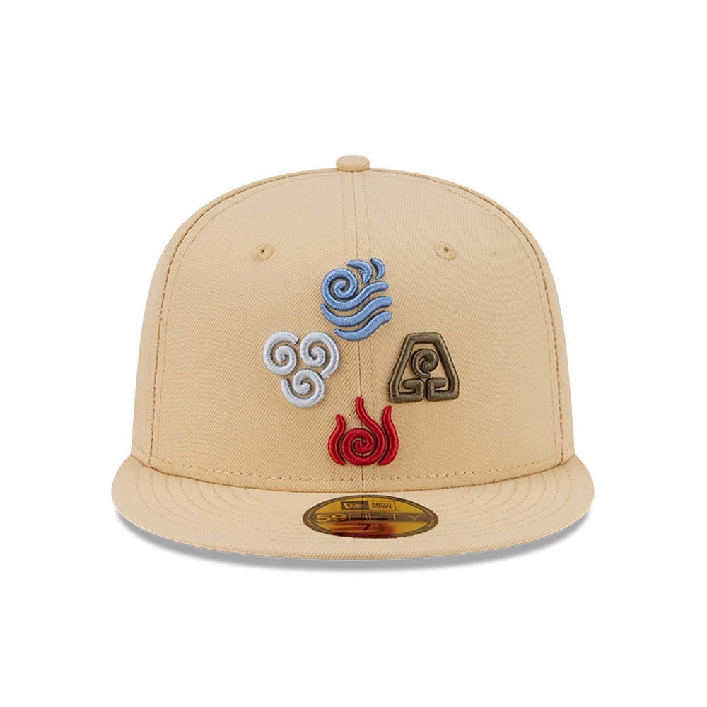 Avatar Elements Light Beige New Era 59FIFTY Fitted Cap, front view showing four-element embroidered symbols with blue, white, red, and brown designs on the structured light beige crown, and a gold 59FIFTY size sticker on the flat visor.