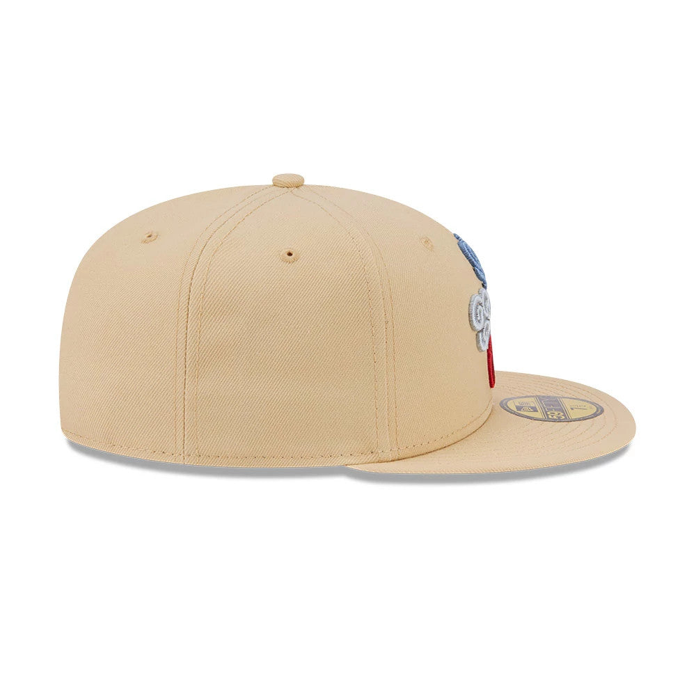 Avatar Elements Light Beige New Era 59FIFTY Fitted Cap, side view showing the raised embroidered design in blue, white and red on the front panel, a structured light beige crown, and the gold 59FIFTY size sticker on the flat visor.