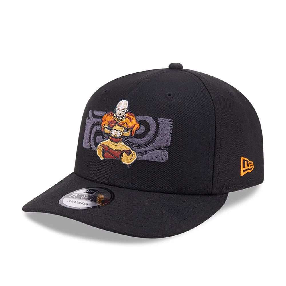 Avatar Aang Black New Era 9FIFTY Snapback Adjustable Cap, front view showing a detailed embroidered Aang graphic with orange accents on the front panels, a black flat visor with a 9FIFTY size sticker, and an orange New Era flag logo on the left side.