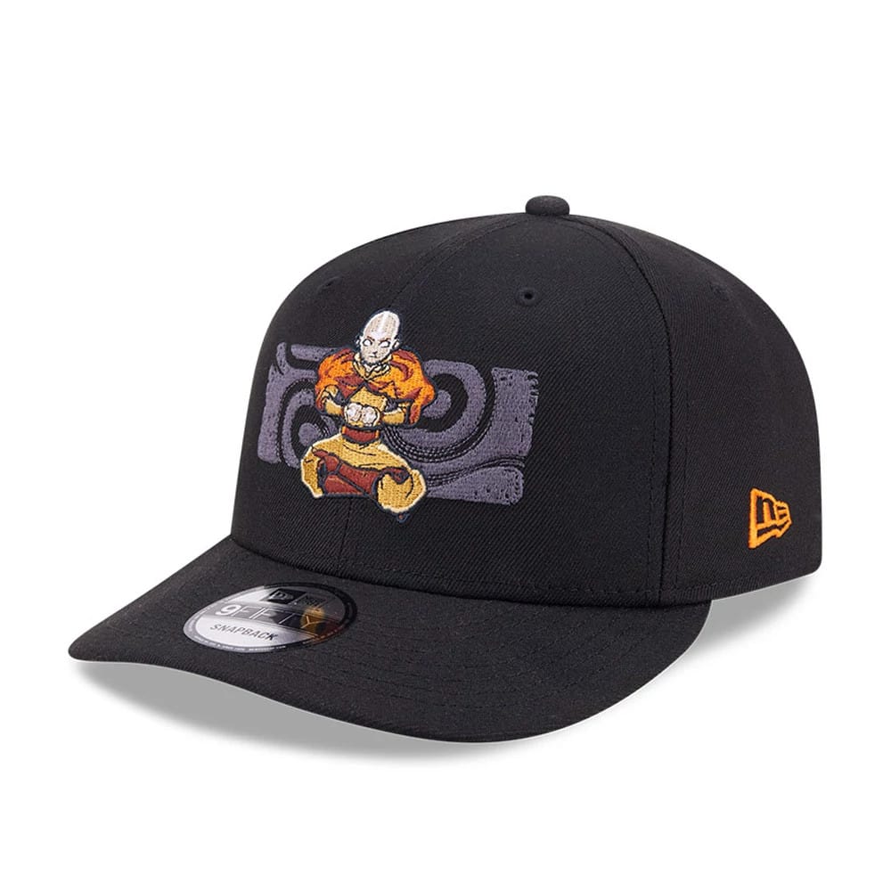 Avatar Aang Black New Era 9FIFTY Snapback Adjustable Cap, front view showing a detailed embroidered Aang graphic with orange accents on the front panels, a black flat visor with a 9FIFTY size sticker, and an orange New Era flag logo on the left side.