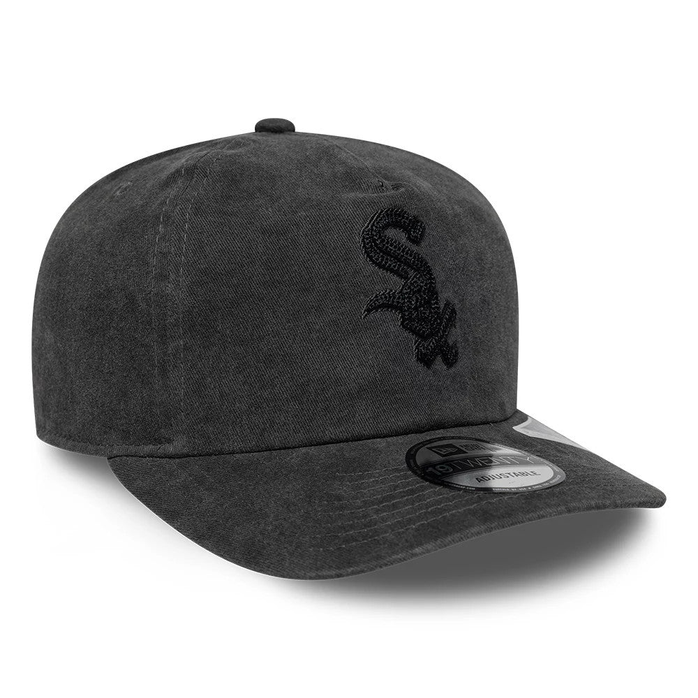 Chicago White Sox MLB Black New Era 19TWENTY Adjustable Cap, three-quarter view showing the raised black embroidered logo on the front panel, a matching black curved visor, and the 19TWENTY size sticker on the top of the visor.