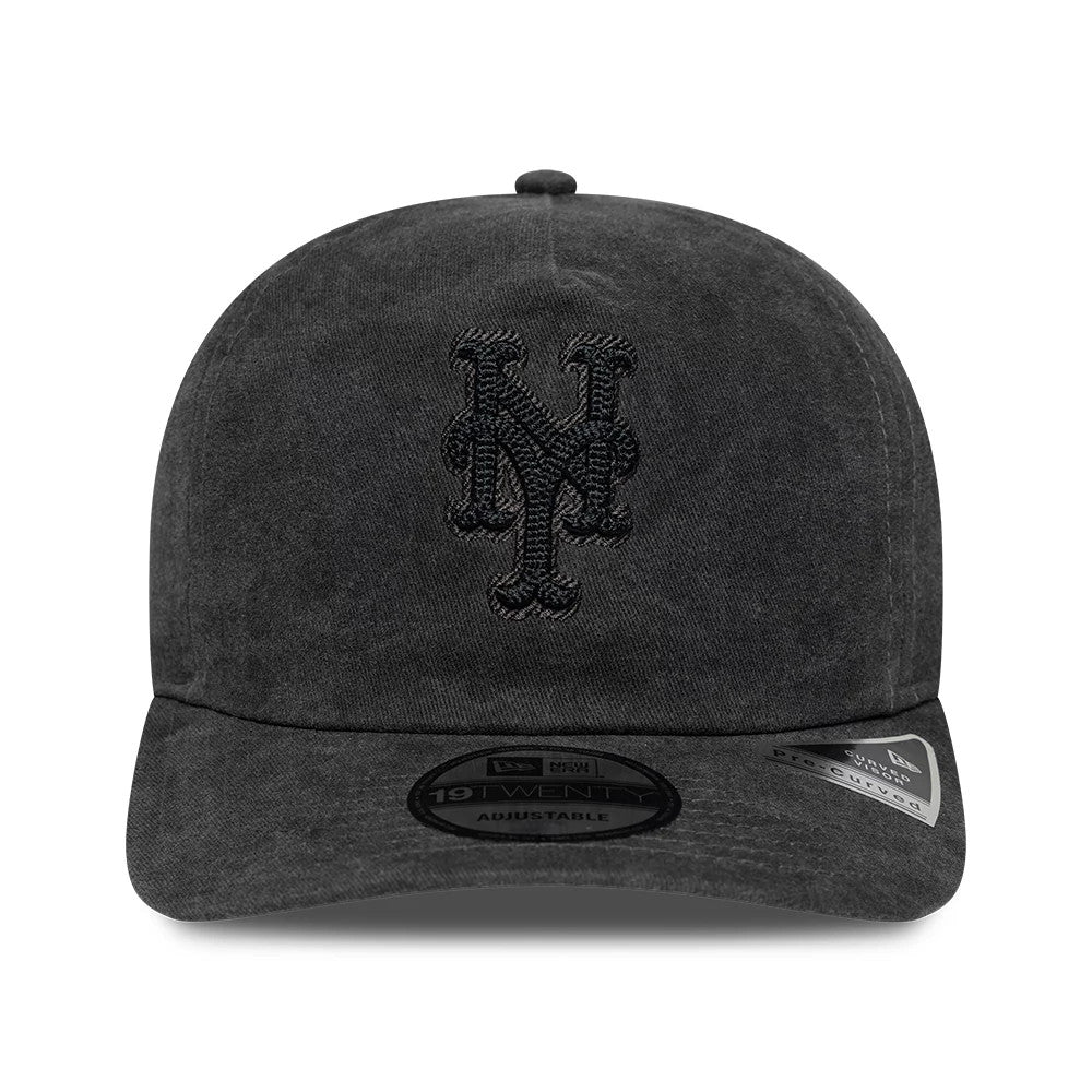 New York Mets MLB Black New Era 19TWENTY Adjustable Cap, front view showing the black embroidered team logo on the structured black crown, with a curved black visor and a 19TWENTY size sticker on the top.