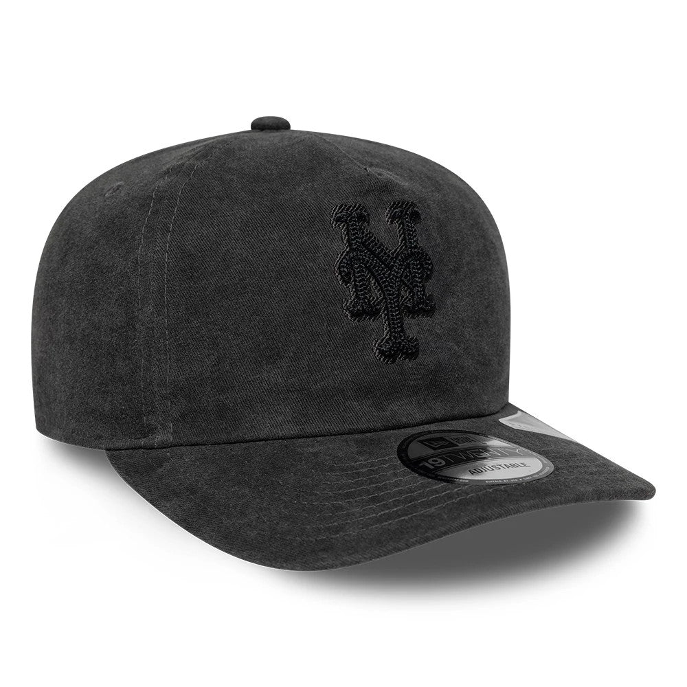 New York Mets MLB Black New Era 19TWENTY Adjustable Cap, front view showing the black embroidered Mets logo on the front panel, with a curved black visor and a 19TWENTY size sticker on the top of the visor.