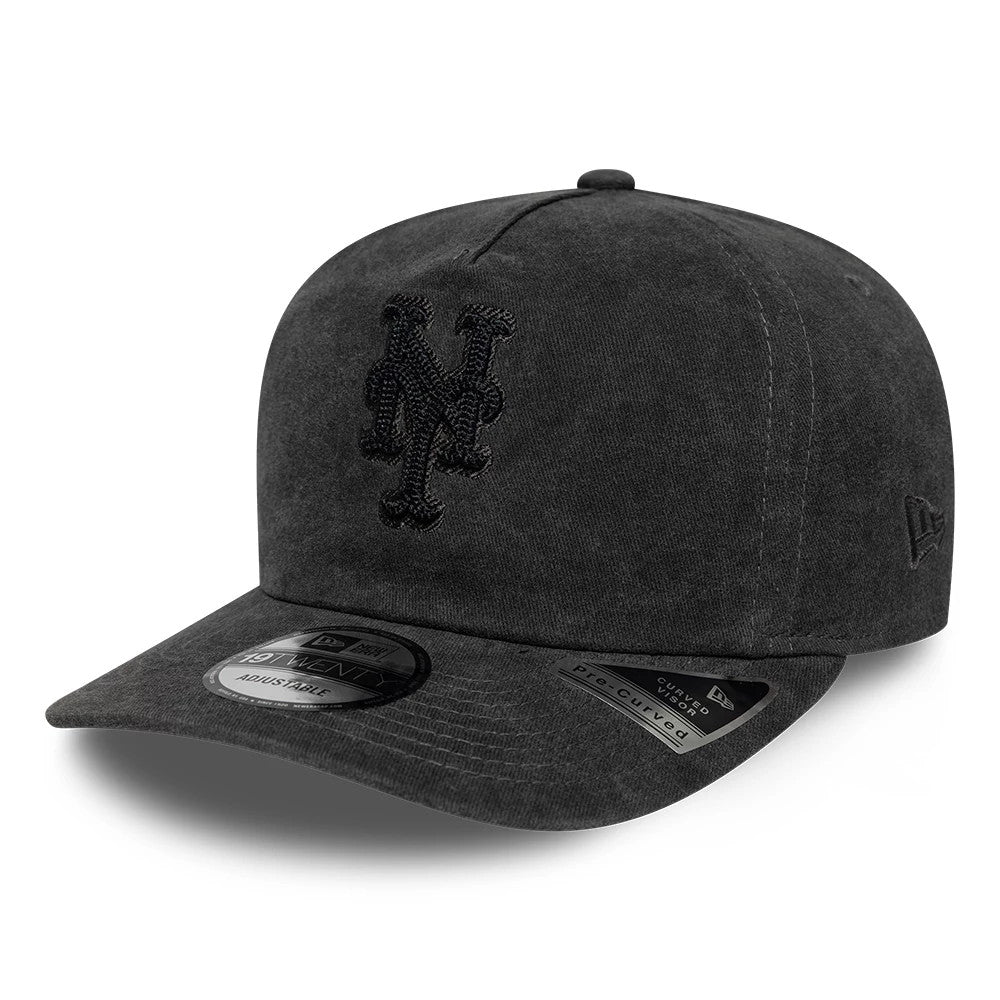 New York Mets MLB Black New Era 19TWENTY Adjustable Cap, front three-quarter view showing the raised black Mets logo embroidered on the front panel, curved black visor with a 19TWENTY size sticker, and New Era flag logo on the left side.