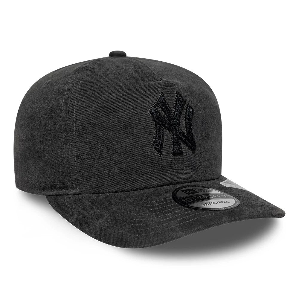 New York Yankees MLB Black New Era 19TWENTY Adjustable Cap, three-quarter view showing the black embroidered NY logo prominently on the front panel, a black curved visor, and a 19TWENTY size sticker placed on the top of the visor.