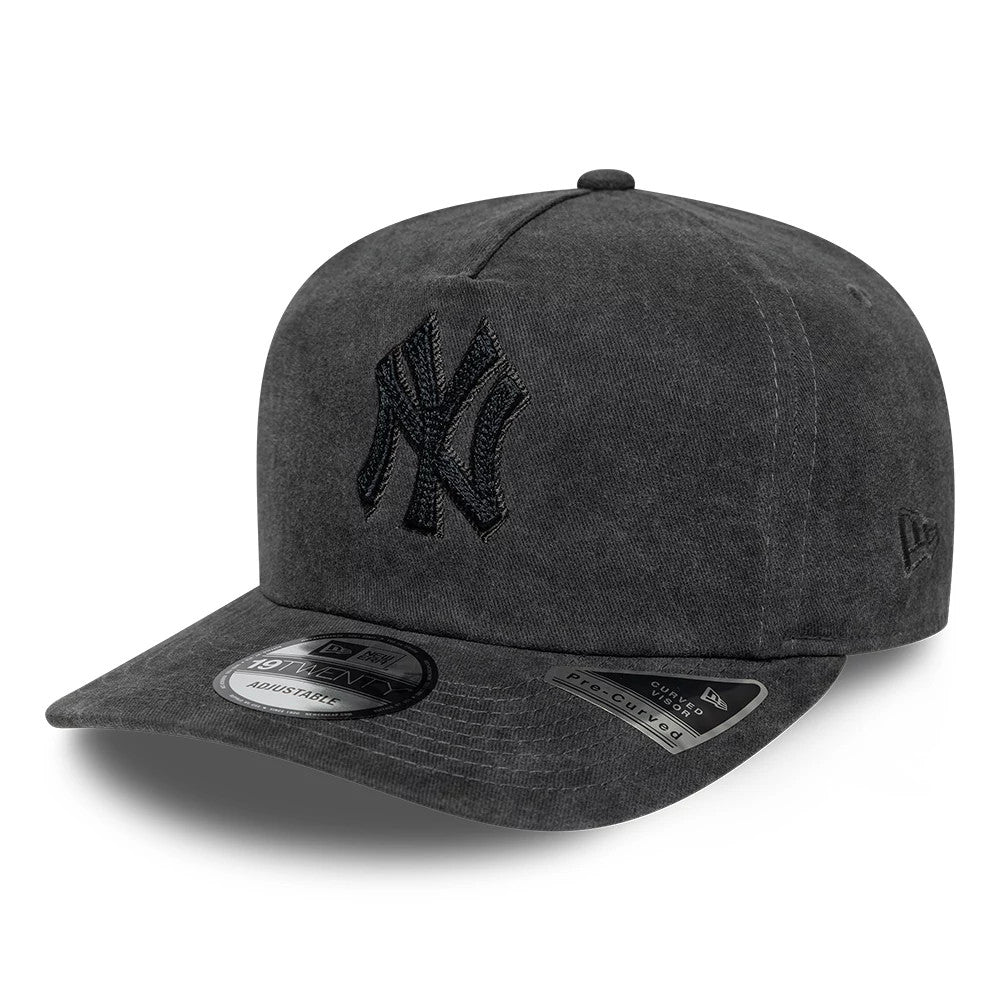 New York Yankees MLB Black New Era 19TWENTY Adjustable Cap, three-quarter view showing the black embroidered NY logo on the front panel, curved visor with a grey 19TWENTY size sticker, and the New Era flag logo on the left side.