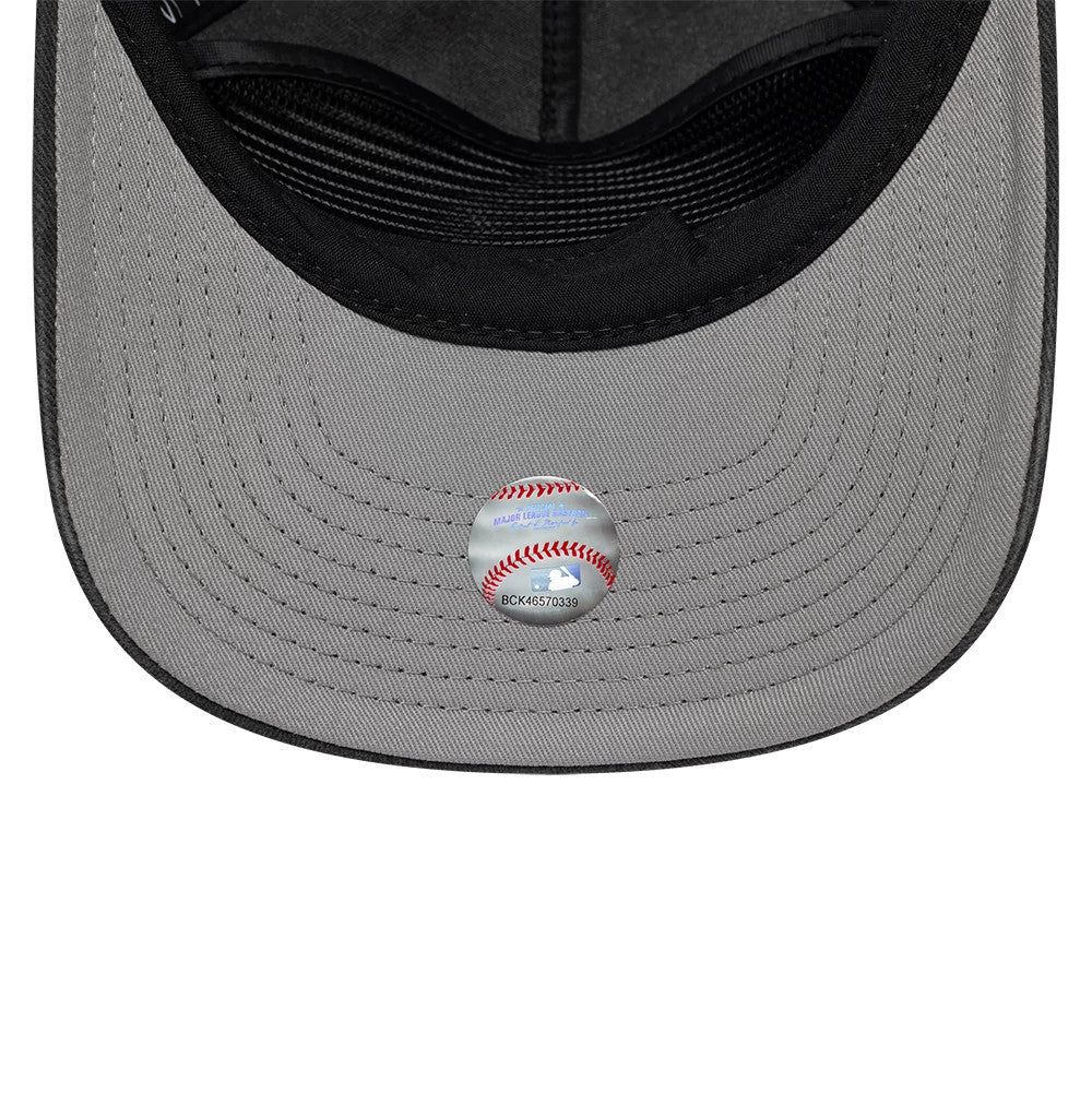 New York Yankees MLB Black New Era 19TWENTY Adjustable Cap, inside view showing a light grey undervisor with a baseball-themed sticker on the centre, complemented by a black interior sweatband and matching black interior taping.
