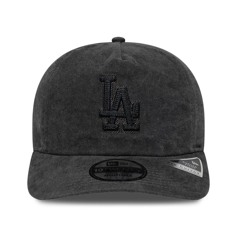 LA Dodgers MLB Black New Era 19TWENTY Adjustable Cap, front view showing the black embroidered LA logo on the textured black crown, curved visor with a 19TWENTY size sticker, and a New Era flag sticker on the visor.