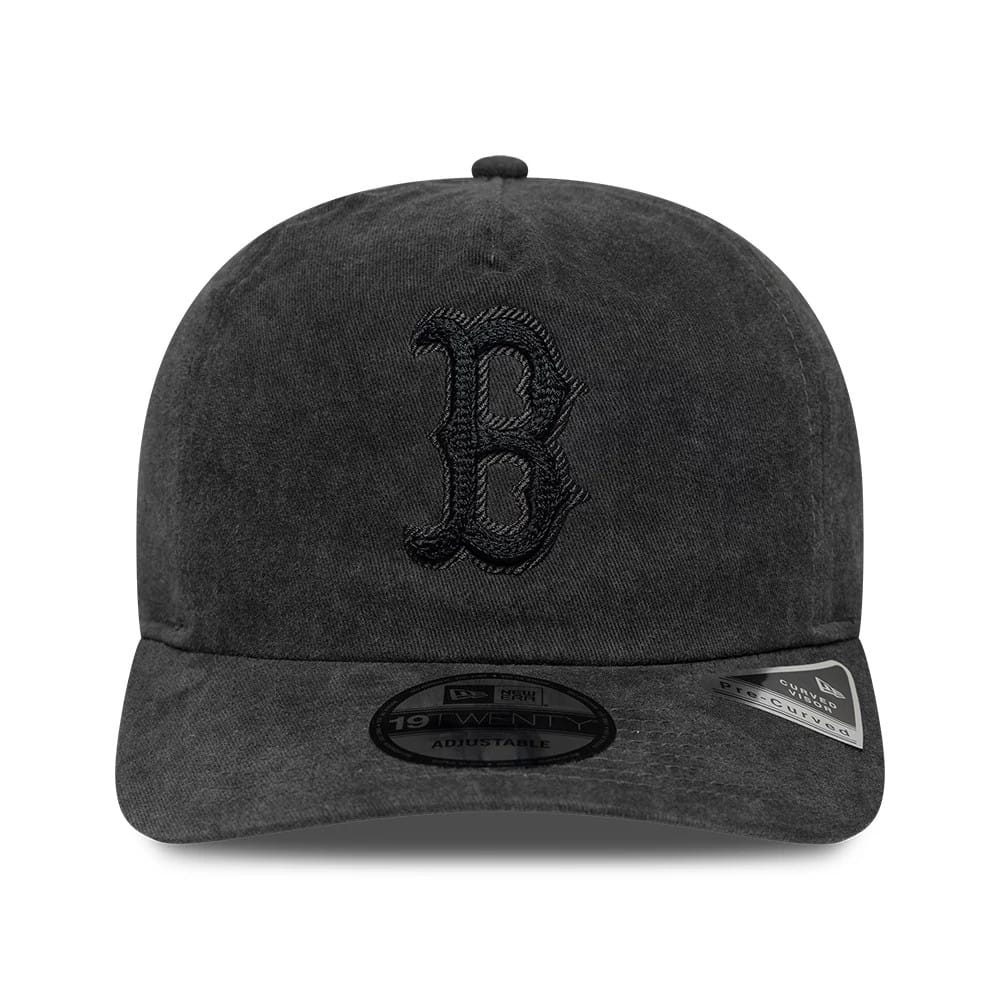 Boston Red Sox MLB Black New Era 19TWENTY Adjustable Cap, front view showing the black embroidered Red Sox logo on the structured black crown, with a pre-curved visor and a 19TWENTY size sticker.