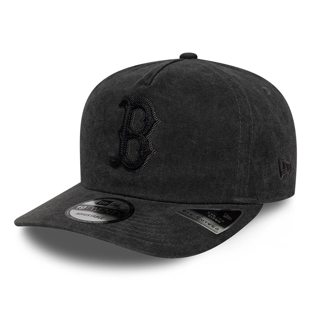 Boston Red Sox MLB Black New Era 19TWENTY Adjustable Cap, front view showing an embroidered black B logo on the front panel, black curved visor with a 19TWENTY size sticker, and the New Era flag logo on the left side.