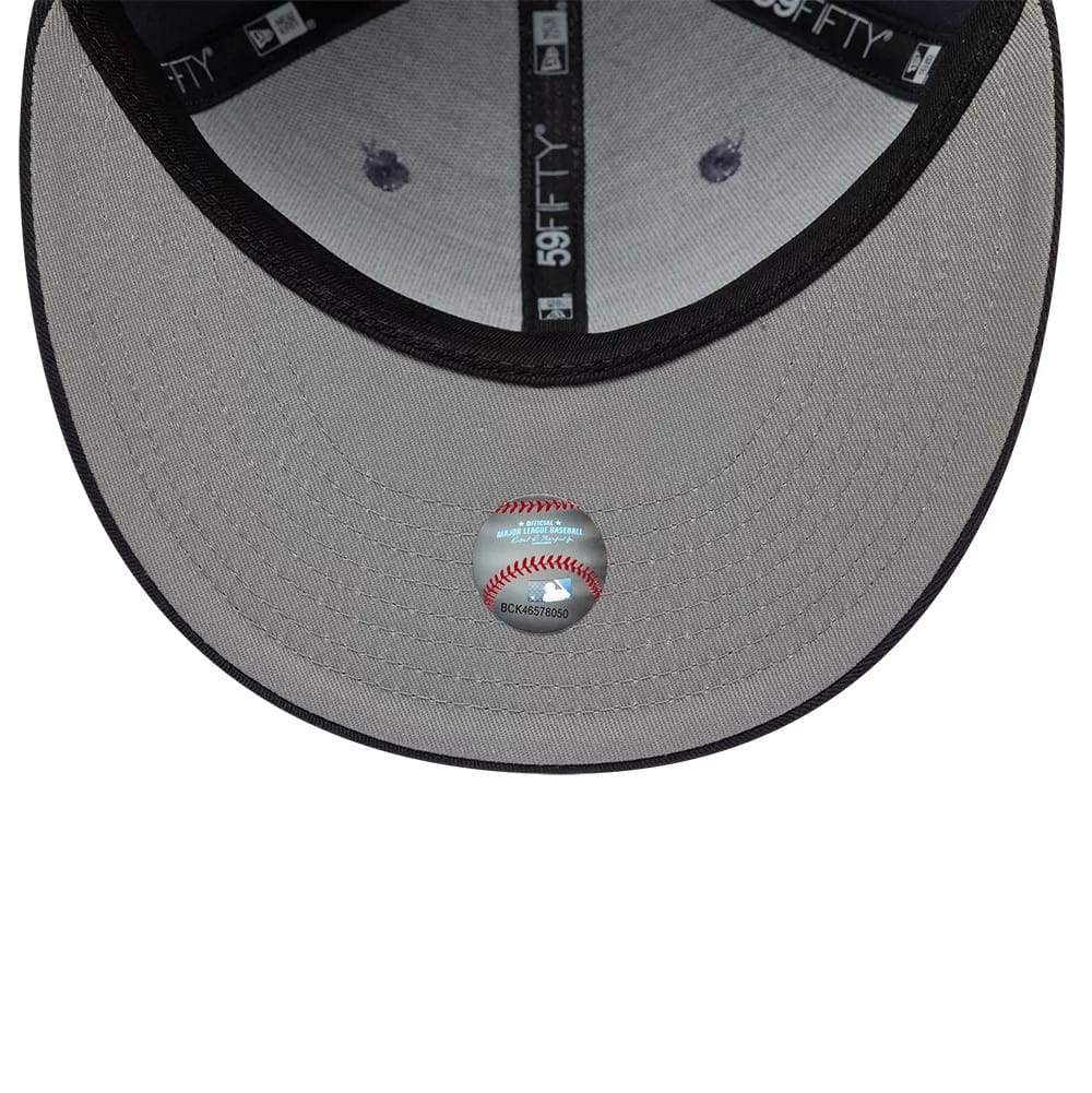 Detroit Tigers MLB Dark Grey New Era 59FIFTY Fitted Cap, inside view showing the grey undervisor with a baseball graphic sticker, the black 59FIFTY branded taping, and a soft interior lining.