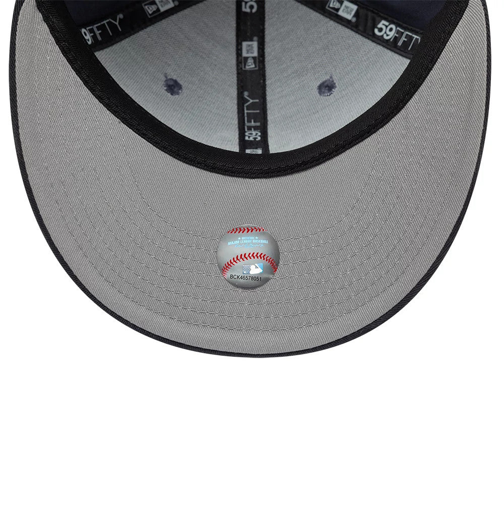 Chicago White Sox MLB Dark Grey New Era 59FIFTY Fitted Cap, inside view showing grey undervisor with an MLB baseball sticker, black sweatband with white 59FIFTY branding, and black taping featuring the New Era logo throughout.