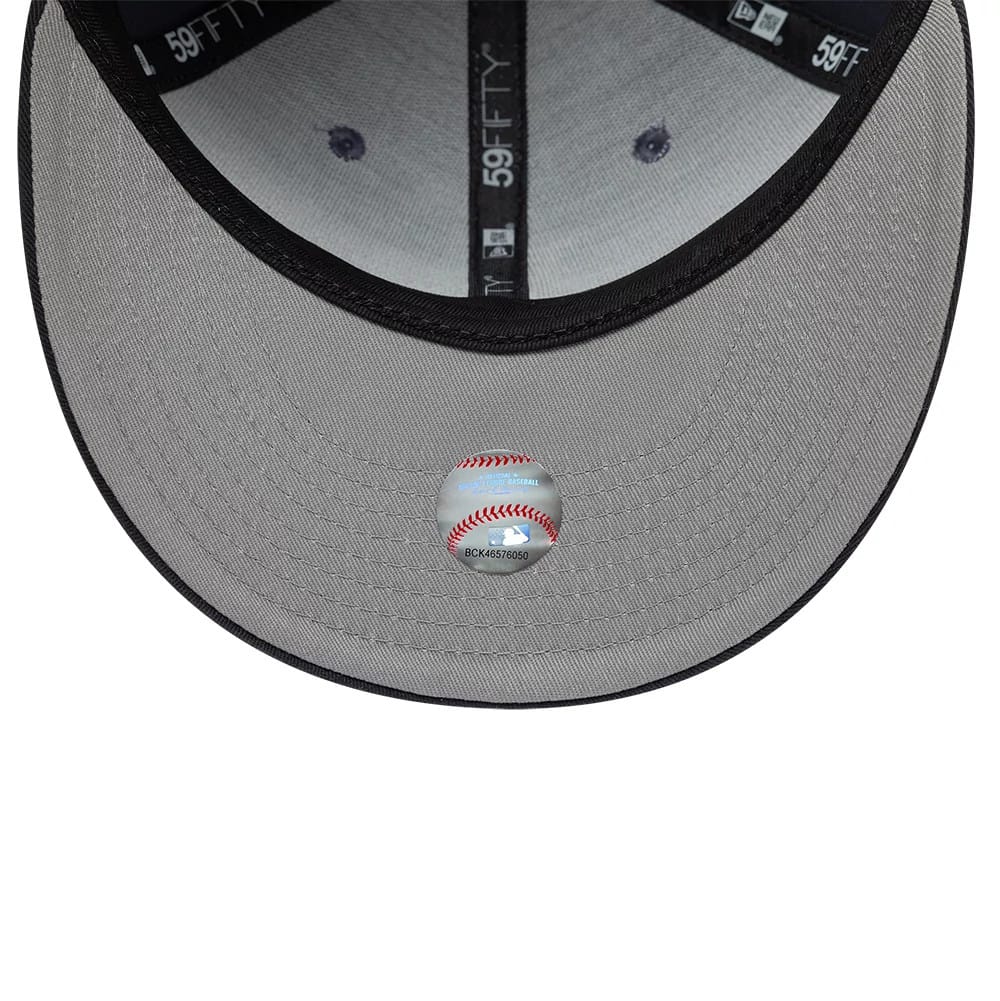 LA Dodgers MLB Dark Grey New Era 59FIFTY Fitted Cap, inside view showing the grey undervisor with a detailed holographic sticker, contrasting black taping with 59FIFTY branding, and a matching black sweatband inside the structured crown.
