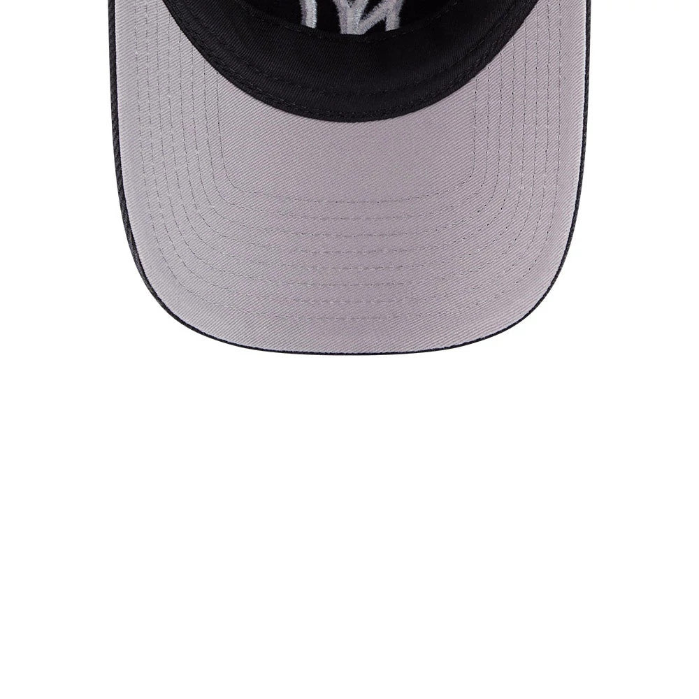 Yankees MLB Washed Denim Black New Era 9FORTY A-Frame Unstructured Adjustable Cap, top view showing a grey flat visor with a black crown and a white embroidered Yankees logo near the crown edge.