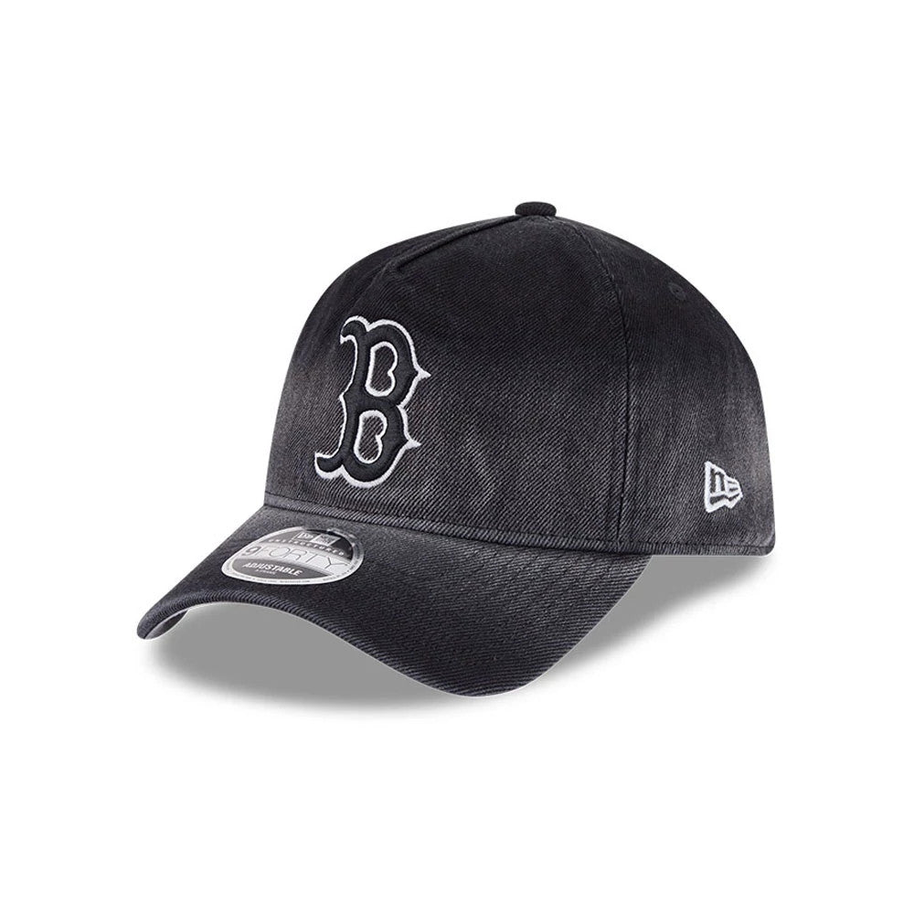 Red Sox MLB Washed Denim Black New Era 9FORTY A-Frame Unstructured Adjustable Cap, three-quarter view showing the raised white embroidered B logo on the front panel, a black curved visor with a 9FORTY size sticker.