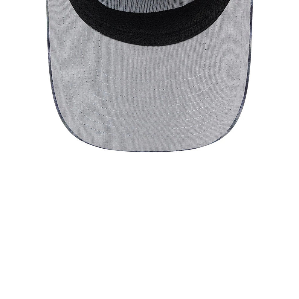 New Era Elevated Basics Navy 9FORTY A-Frame Adjustable Cap, inside view showing the grey undervisor with neat stitching, black sweatband lining the edge, and a portion of grey internal taping on the structured crown.