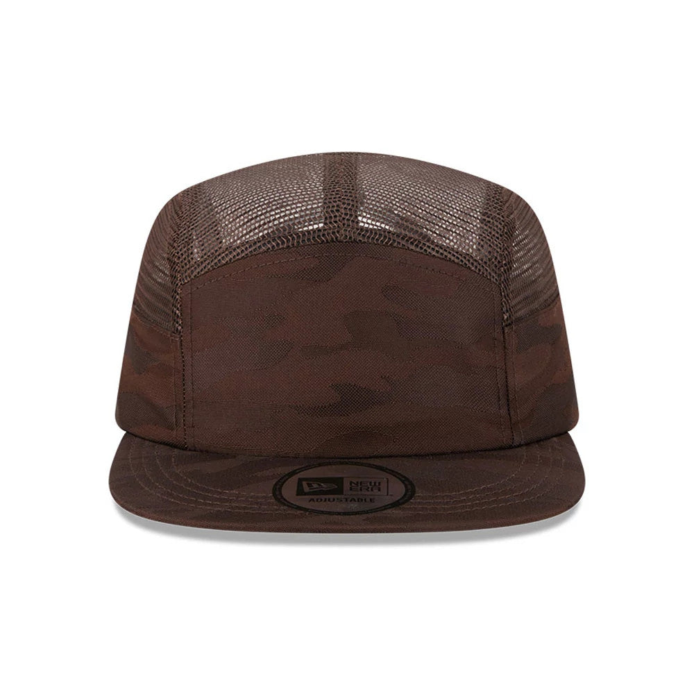 New Era Elevated Basics Woodland Camo Camper Cap, front view showing a flat brown camo visor with a black New Era adjustable sticker, a structured camo front panel, and mesh on the upper crown sections.