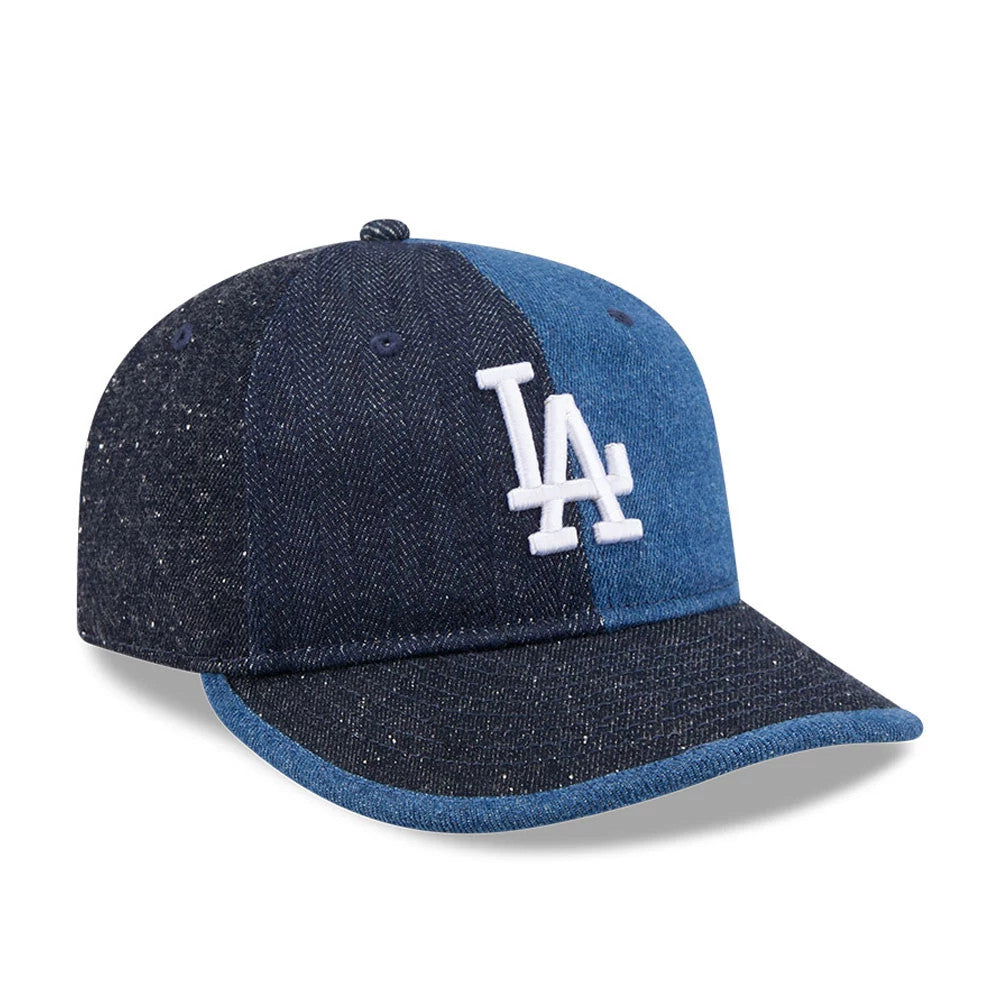LA Dodgers MLB Multipanel Navy Retro Crown New Era 59FIFTY Fitted Cap, three-quarter view showing the raised white LA logo embroidery on the front panel, contrasting navy and blue panels, and a curved navy visor.