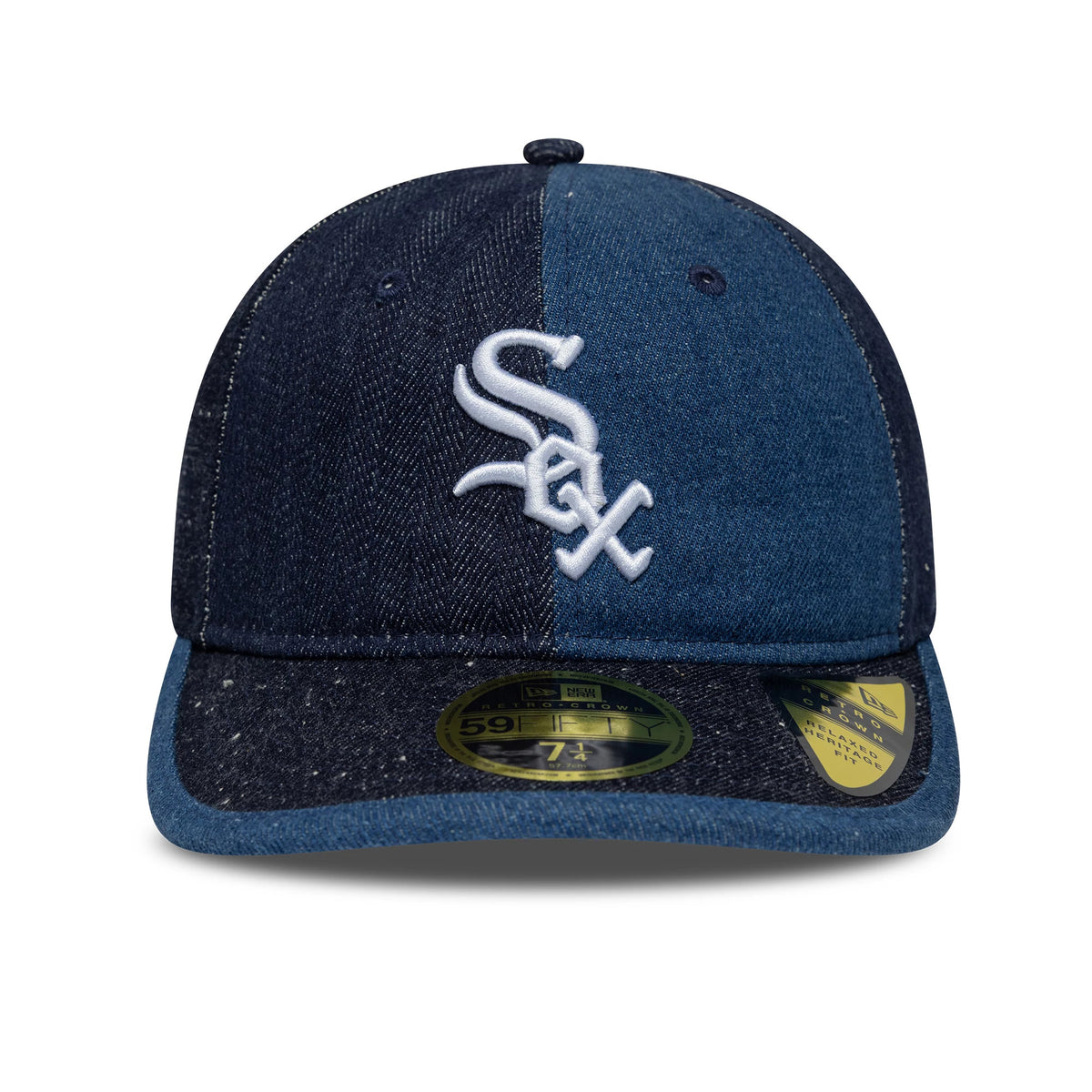 Chicago White Sox MLB Multipanel Navy Retro Crown New Era 59FIFTY Fitted Cap, front view showing the raised white embroidered logo on the centre front panel, navy and blue panelled design, and gold 59FIFTY size sticker on the dark blue visor.