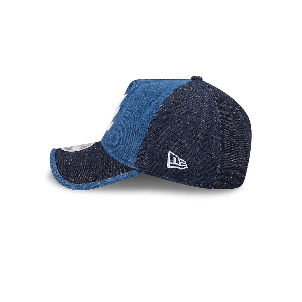 Braves MLB Multipanel Navy New Era 9FORTY A-Frame Unstructured Adjustable Cap, side view showing the white embroidered New Era flag logo on the navy side panel, with the two-tone navy and blue curved visor and contrasting top button.