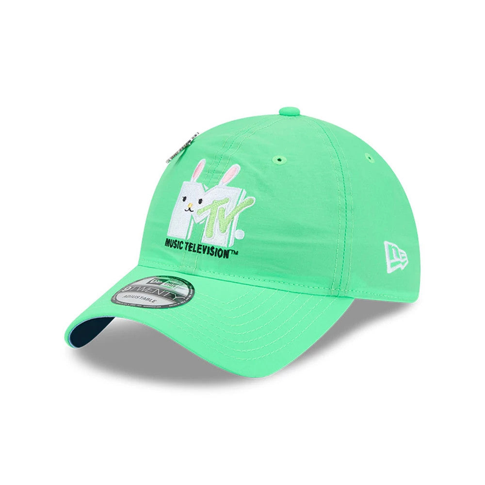 MTV Logo Bright Green New Era 9TWENTY Adjustable Cap, three-quarter view showing the MTV logo with bunny ears embroidered in white and green on the front panel, contrasting white New Era flag logo on the left side.