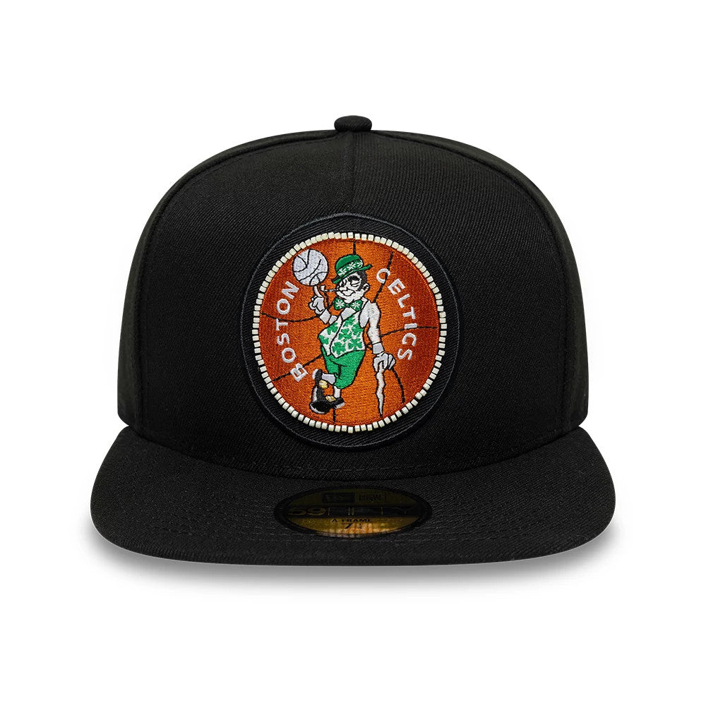 Boston Celtics NBA Bead Black New Era 59FIFTY A-Frame Fitted Cap, front view showing the raised embroidered Boston Celtics logo with beaded border on the front panel, flat black visor, and gold 59FIFTY size sticker on the undervisor.