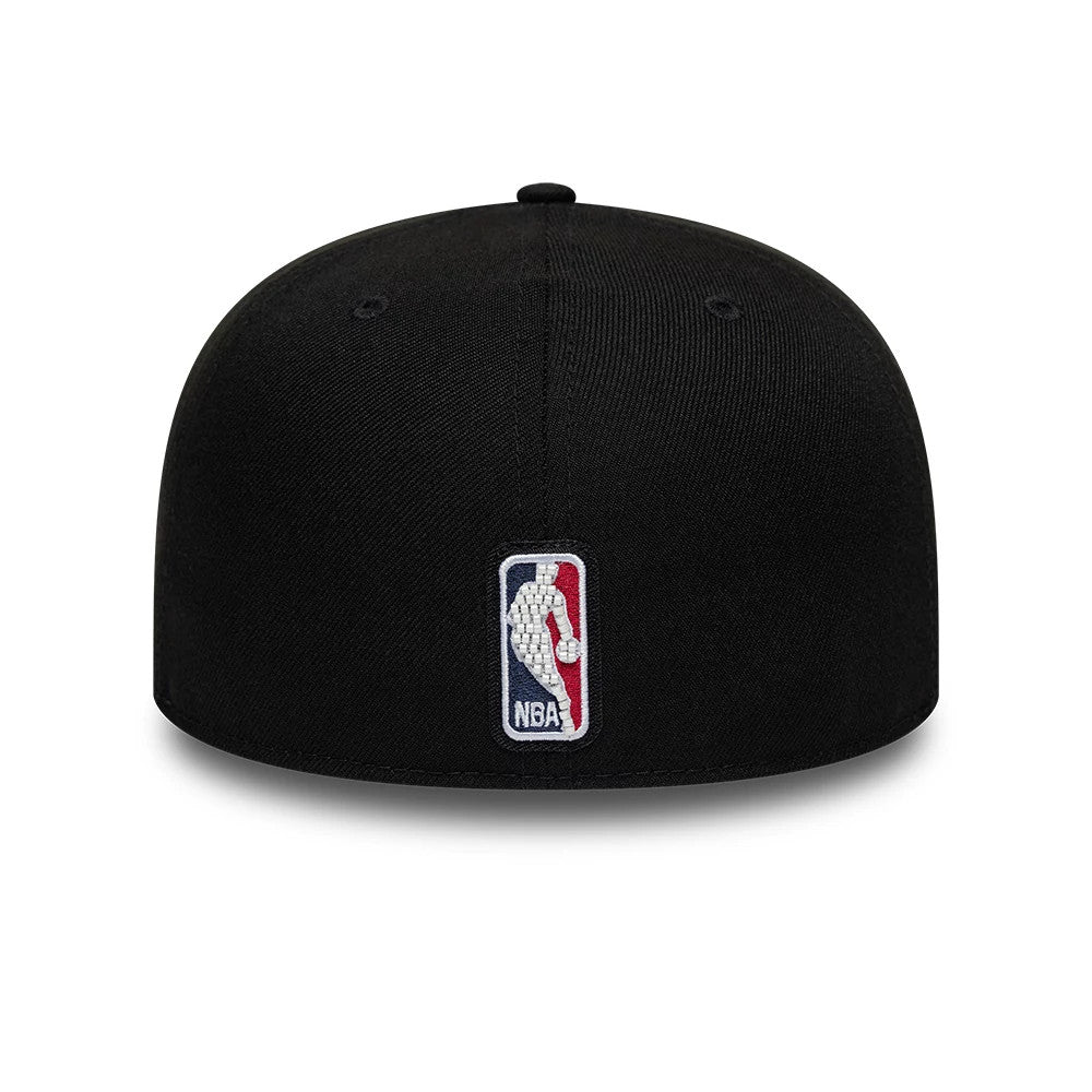 Boston Celtics NBA Bead Black New Era 59FIFTY A-Frame Fitted Cap, rear view showing the NBA logo embroidered in red, white, and blue at the centre of the back, with a black structured crown and a matching top button.